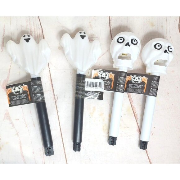 2 Ghost 2 Skull Solar Stake Light Bundle - Spooky Halloween Decoration Set - Picture 1 of 7